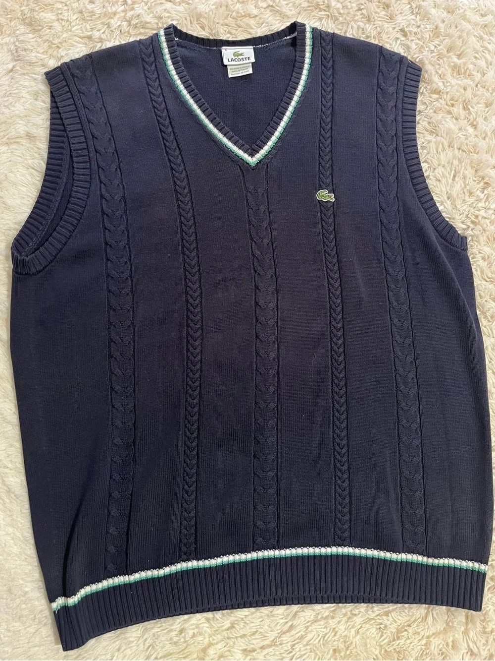 Lacoste Navy Cable-Knit V-Neck Sweater Vest with Green & White Trim